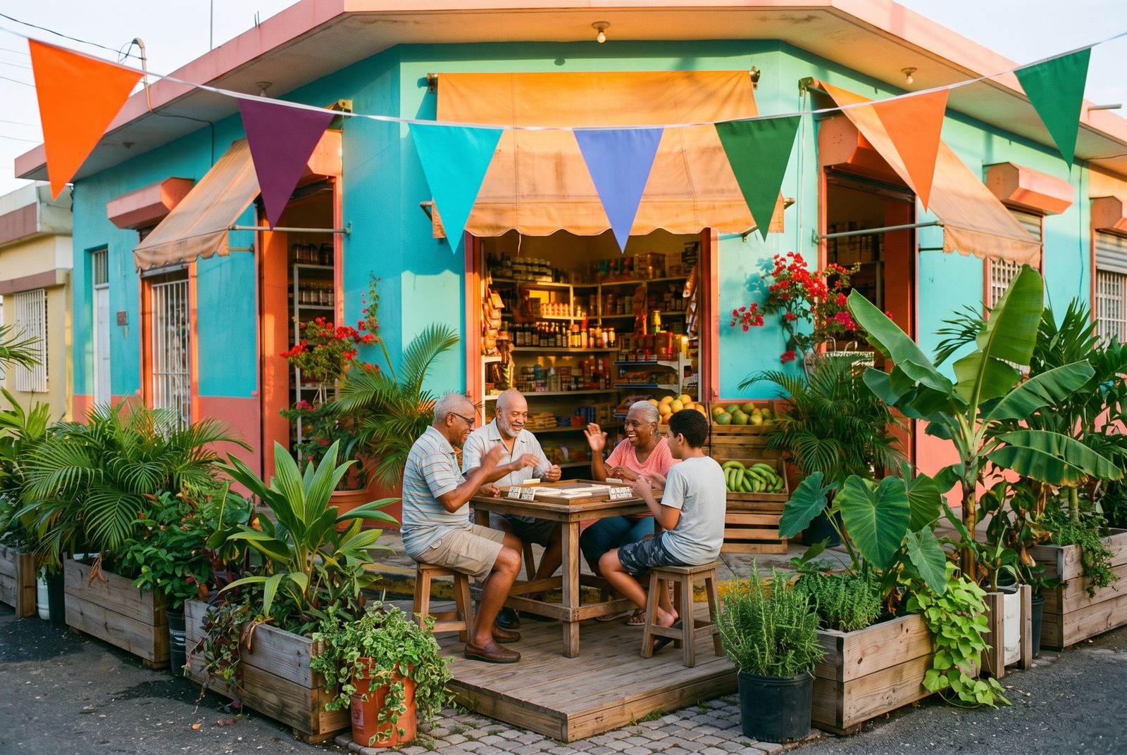 Neighbors playing dominoes at a wooden table in a plant-filled curbside pocket park outside a brightly painted corner bodega strung with pennant flags.